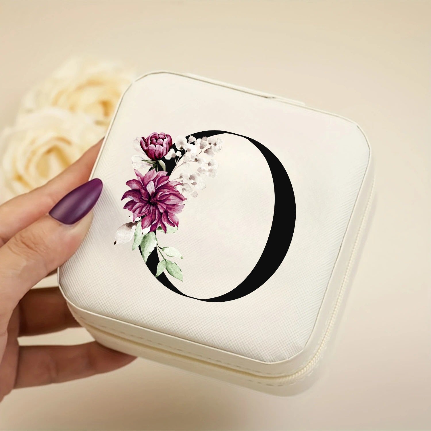 Boîte à bijoux voyage cuir PU blanc initiale O florale