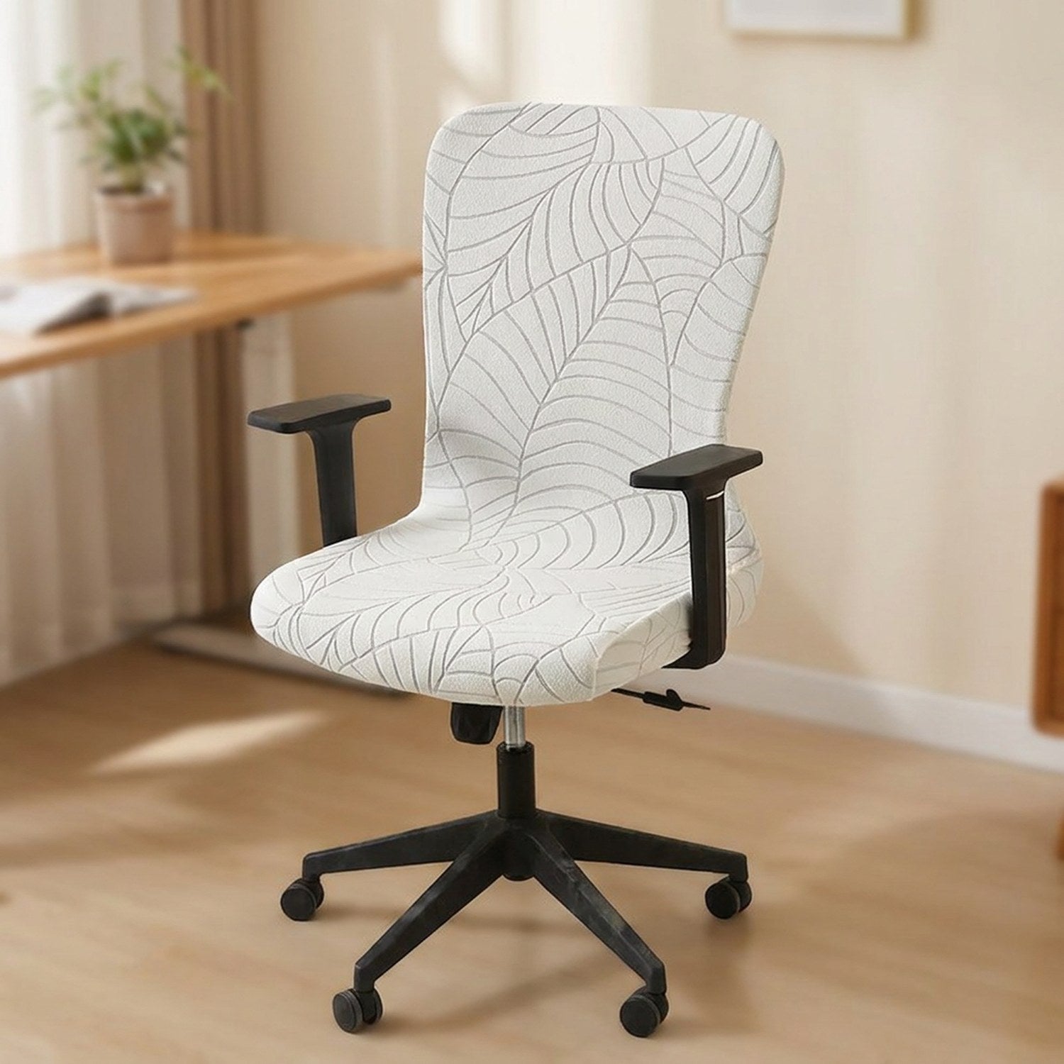Housse de chaise de bureau blanche a motif feuilles