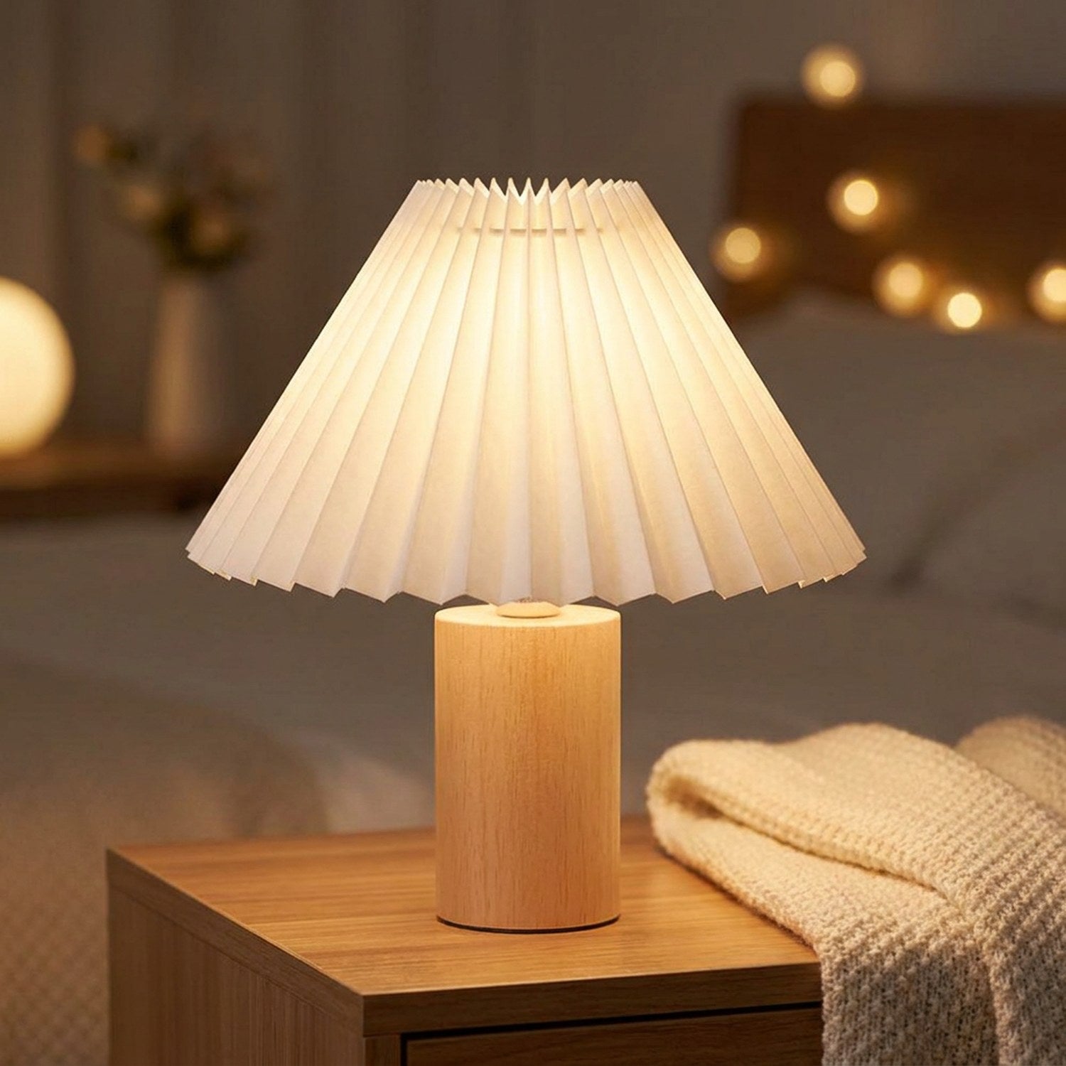 Abat-jour plissé blanc en tissu sur pied en bois clair éclairé sur une table de chevet