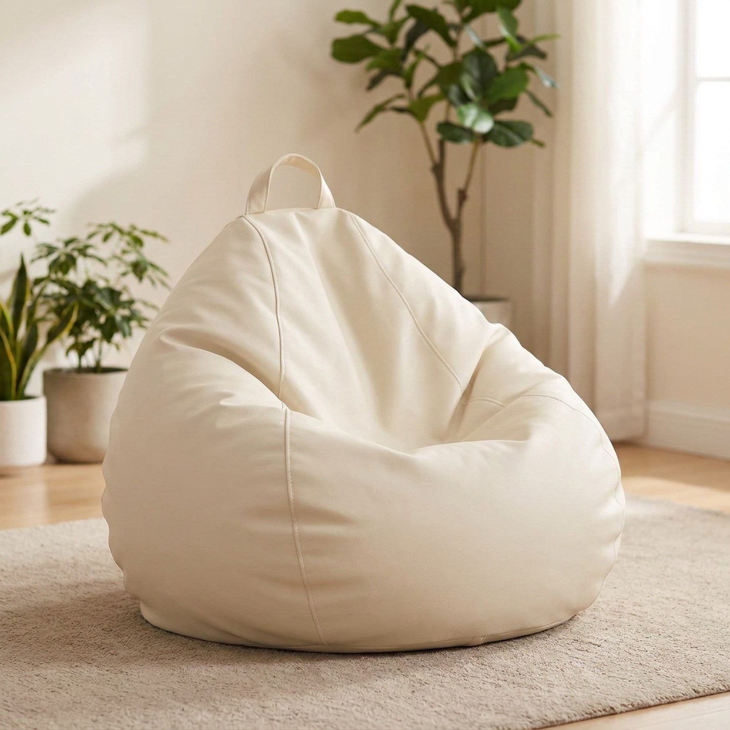 Pouf poire en simili cuir blanc crème posé au sol dans un intérieur cosy