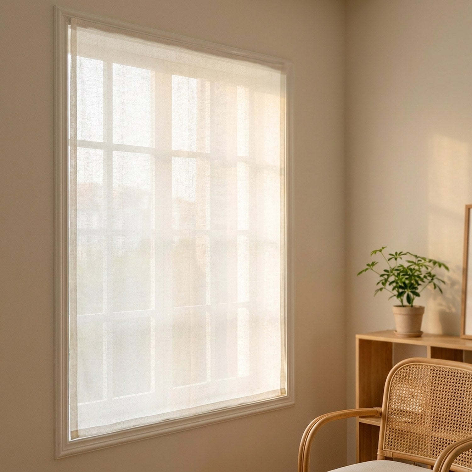 Voilage aspect lin blanc tamisant fixé sans perçage sur une fenêtre lumineuse dans un intérieur chaleureux