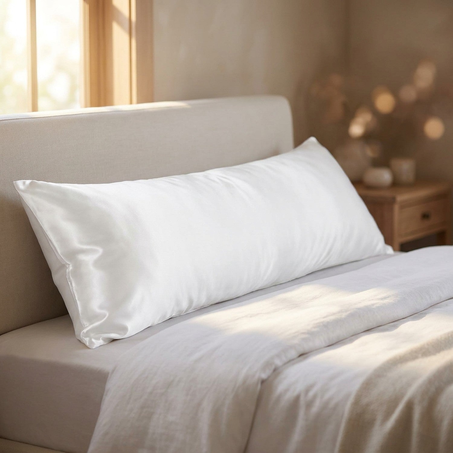 Taie d'oreiller traversin en satin blanc sur un lit