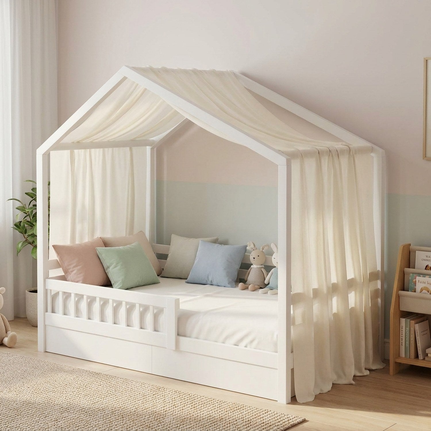 Ciel de lit cabane en mousseline ivoire drapé sur un lit maison dans une chambre d'enfant pastel