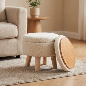 Repose-pieds coffre en velours bouclé blanc avec dessus en bois