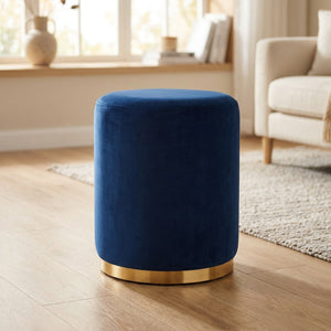Tabouret rond en velours bleu marine avec socle doré