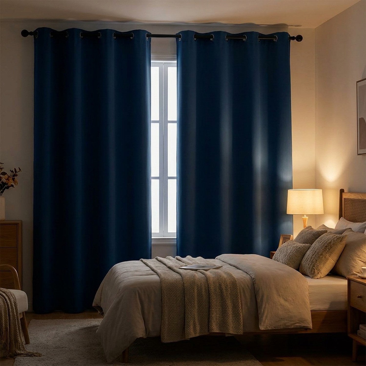 Rideau occultant bleu foncé tiré dans une chambre plongée dans la pénombre