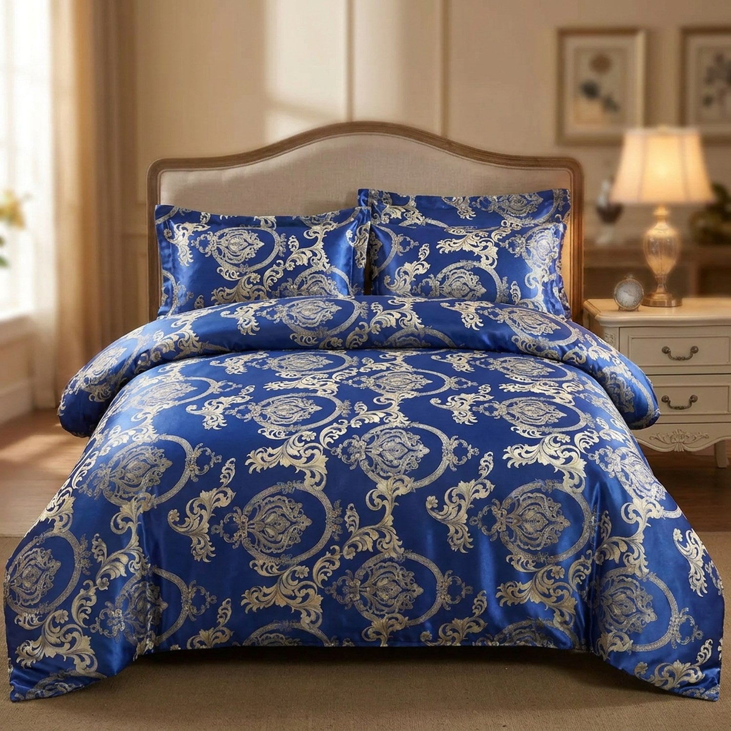 Parure de lit en satin jacquard bleu au motif baroque doré sur un lit