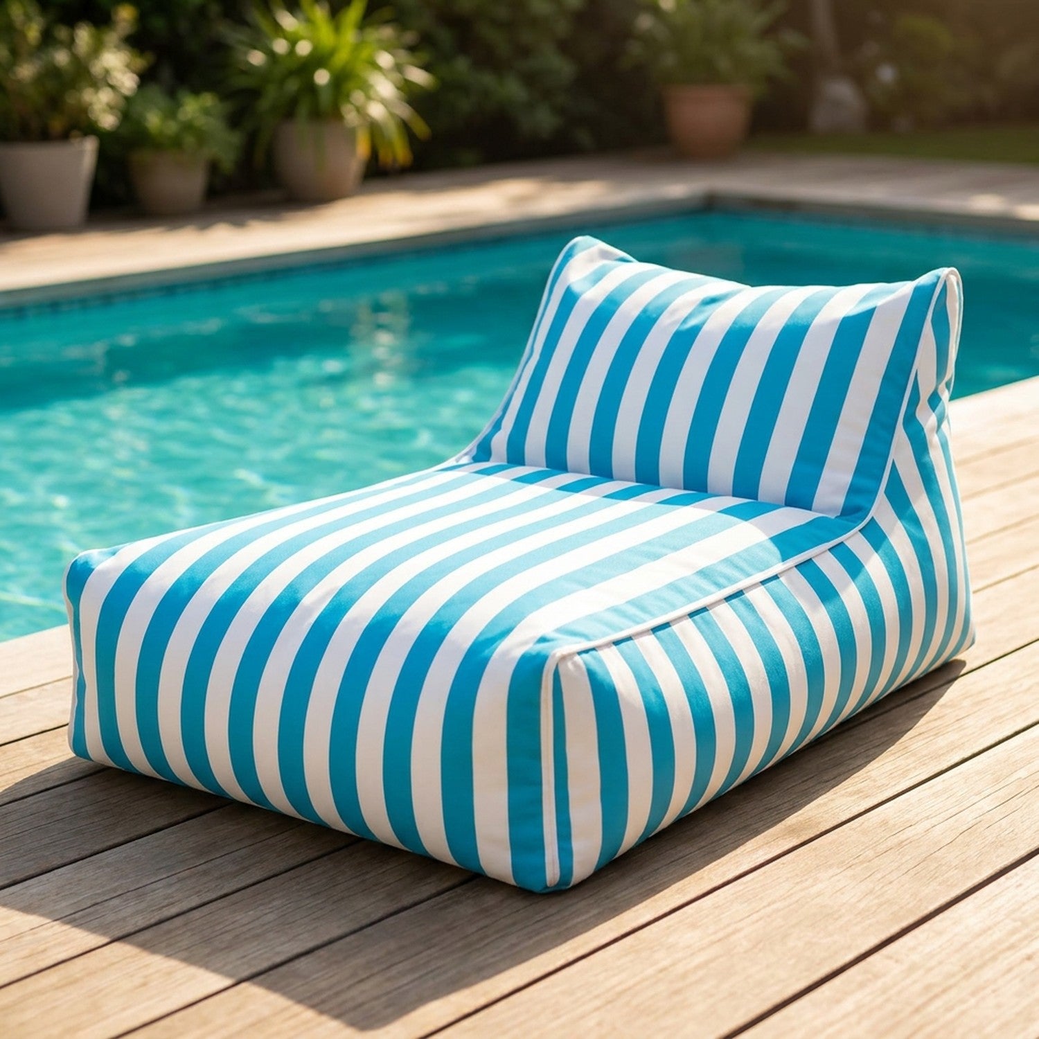 Pouf géant flottant à rayures bleu posé au bord d'une piscine