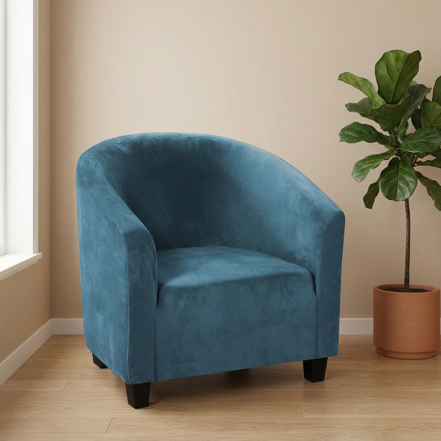 Housse de fauteuil club en velours Bleu canard installée sur un cabriolet