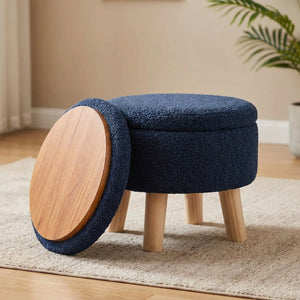 Repose-pieds coffre en velours bouclé bleu foncé avec dessus en bois