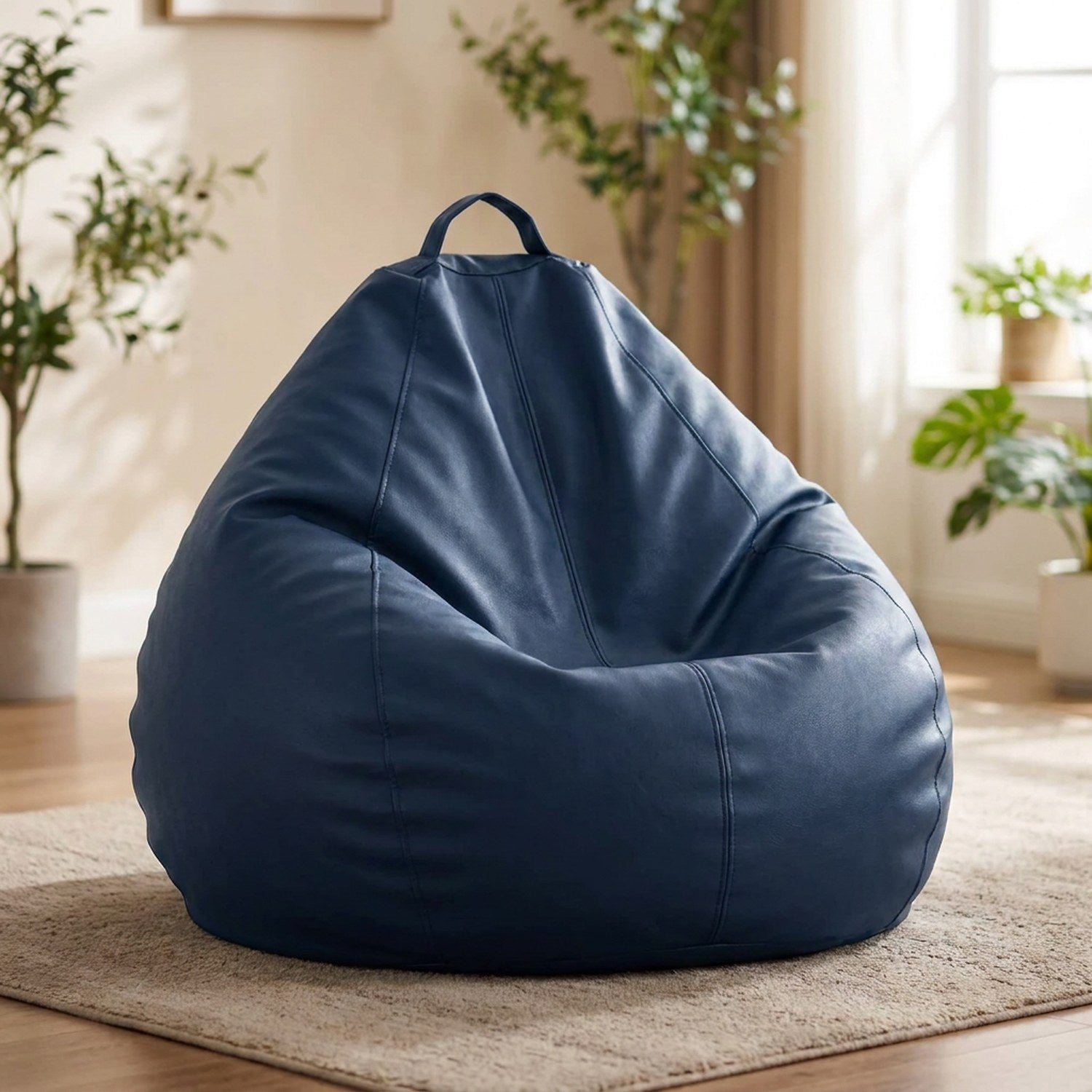 Pouf poire en simili cuir bleu marine posé au sol dans un intérieur cosy