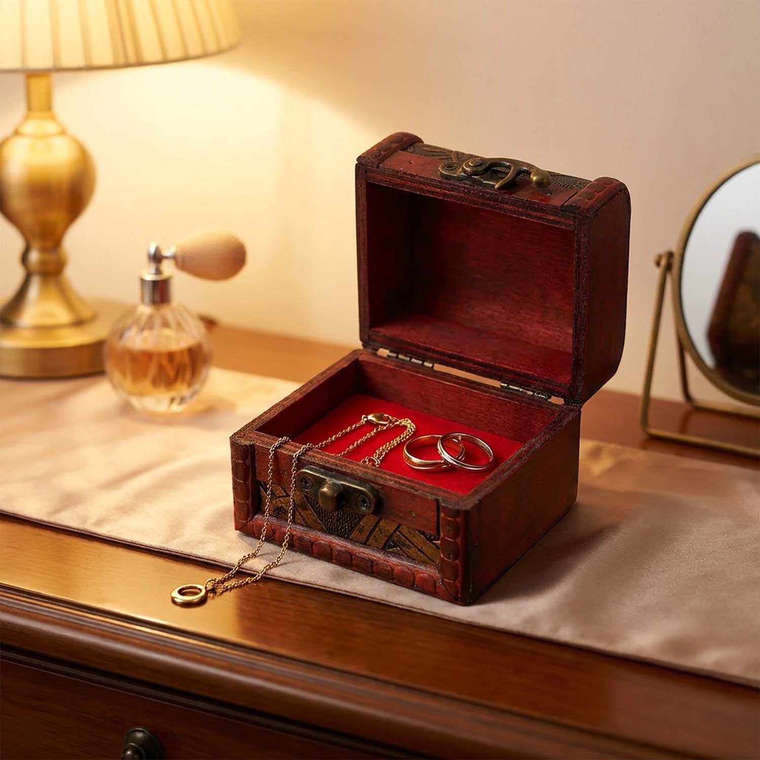 Boite à bijoux ouverte velours rouge intérieur rangement bagues