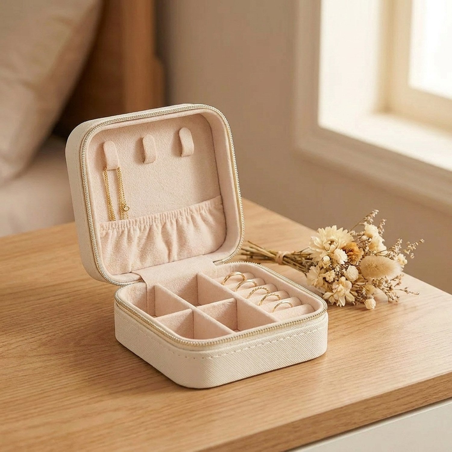 Boîte à bijoux de voyage en cuir crème à fermeture zippée ouverte sur intérieur velours avec bagues sur une table de chevet