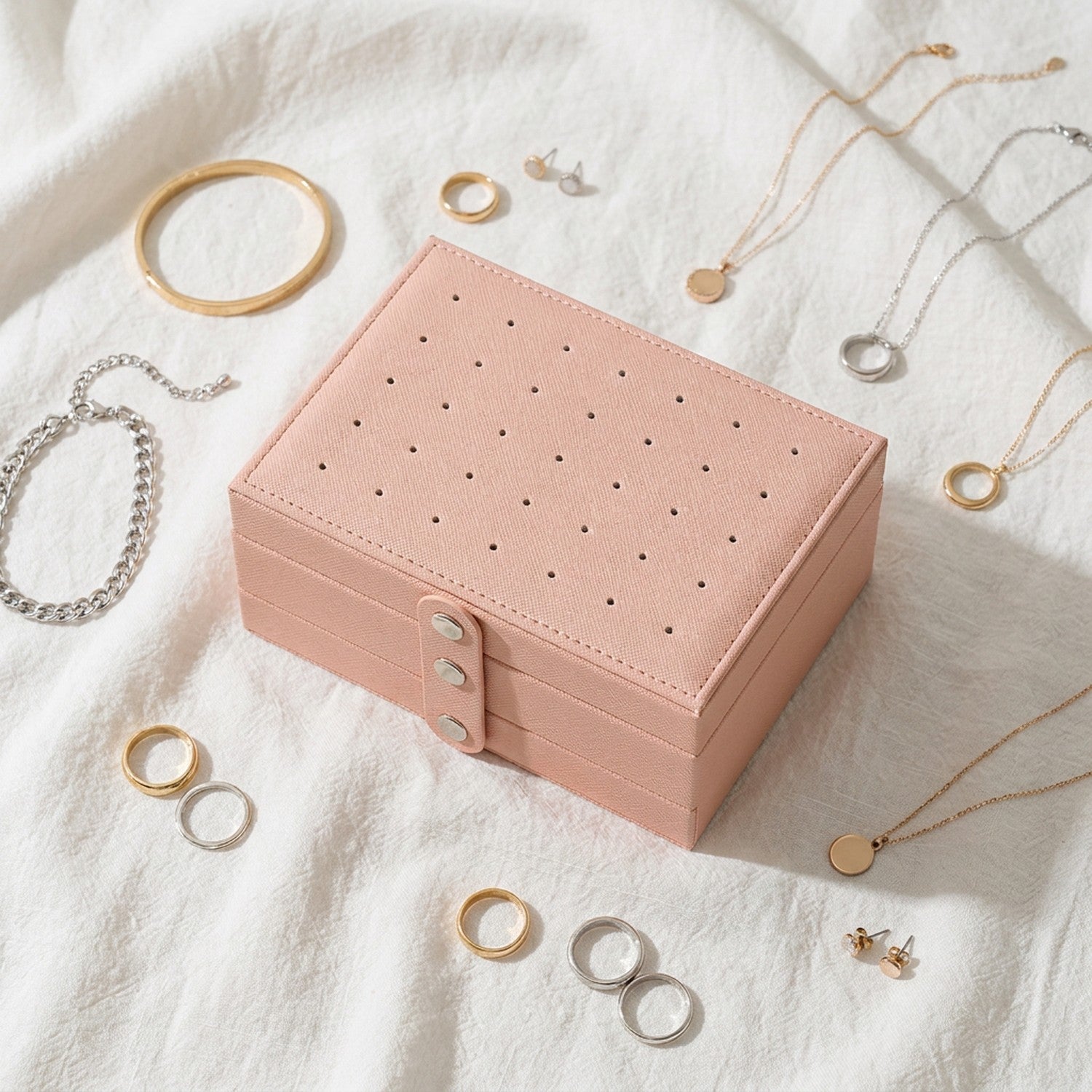 Style de vie boîte à bijoux 3 niveaux cuir PU rose scène 2