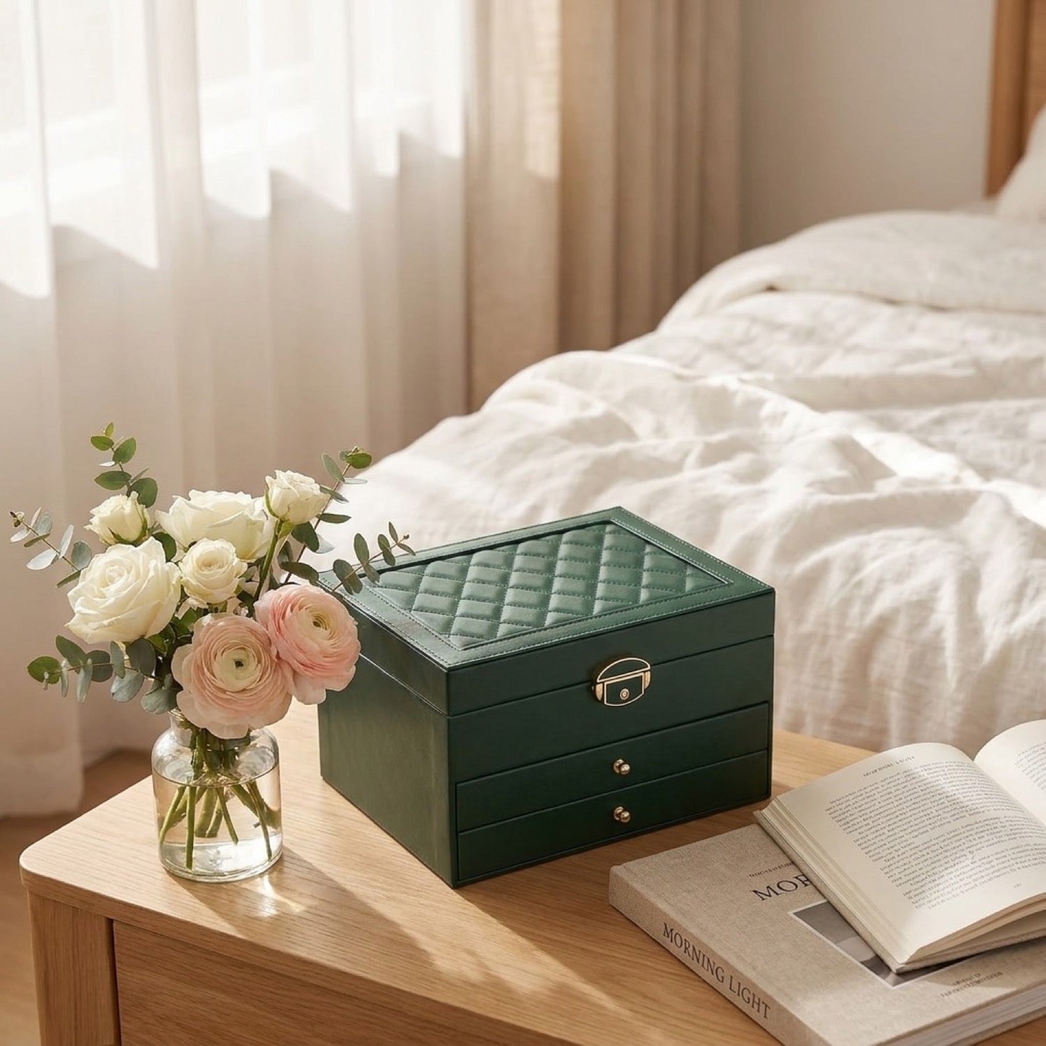 Boîte à bijoux fermée sur table de chevet avec fleurs et livre dans chambre lumineuse