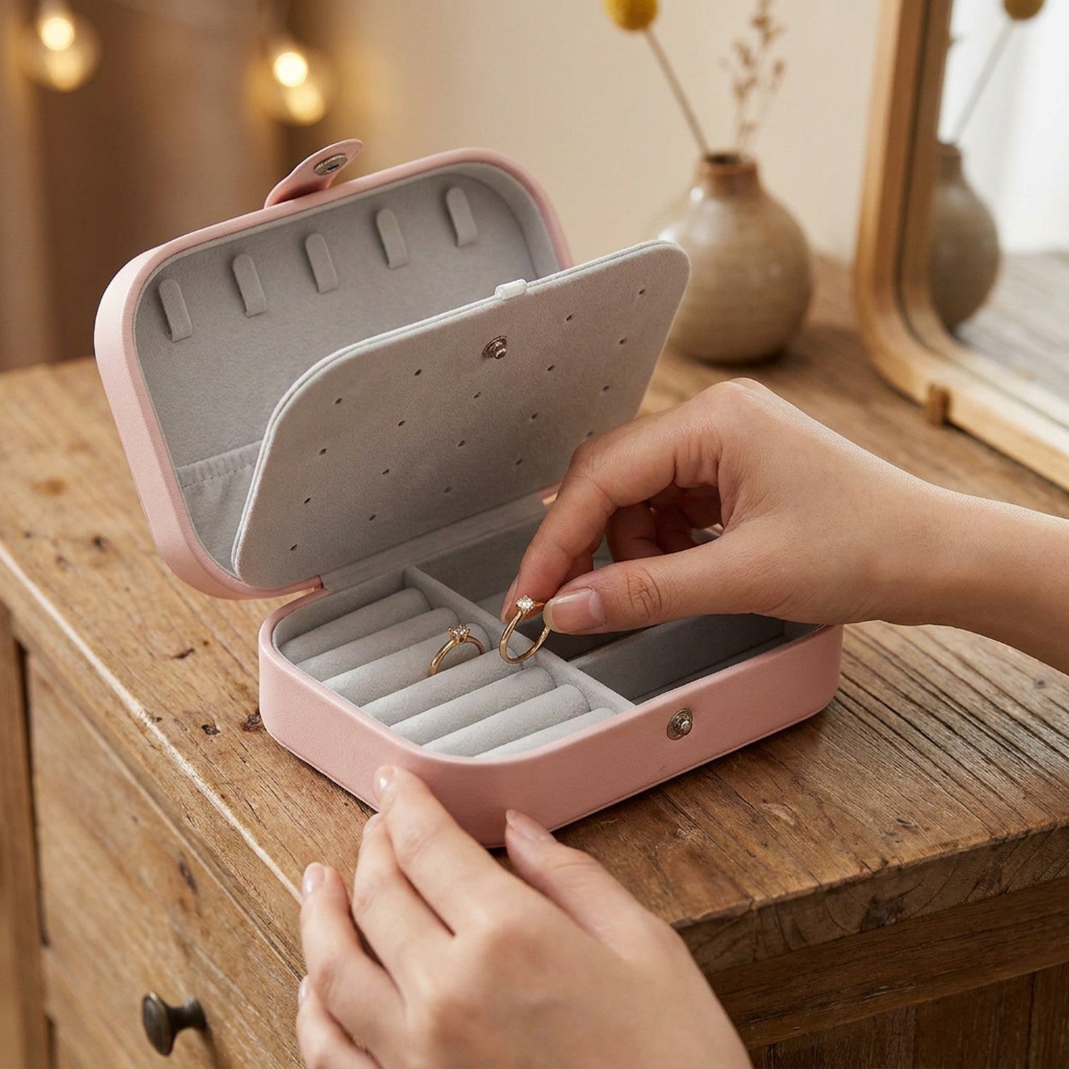 Boite à bijoux rose ouverte sur une coiffeuse en bois des mains féminines placent une bague à l'intérieur