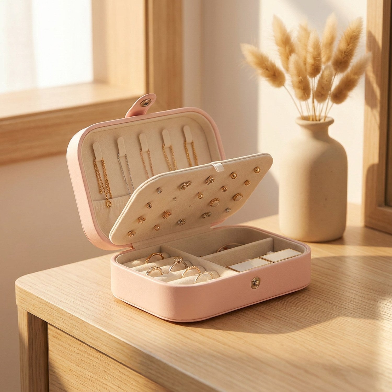 Boite à bijoux de voyage rose en simili cuir posée ouverte sur une coiffeuse en bois avec bougie et herbes de pampa
