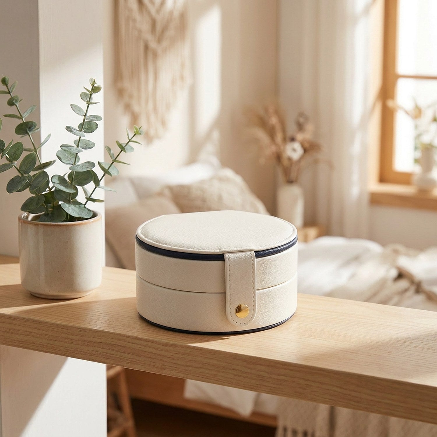 Boîte à bijoux blanche ronde fermée sur une étagère en bois avec plante eucalyptus