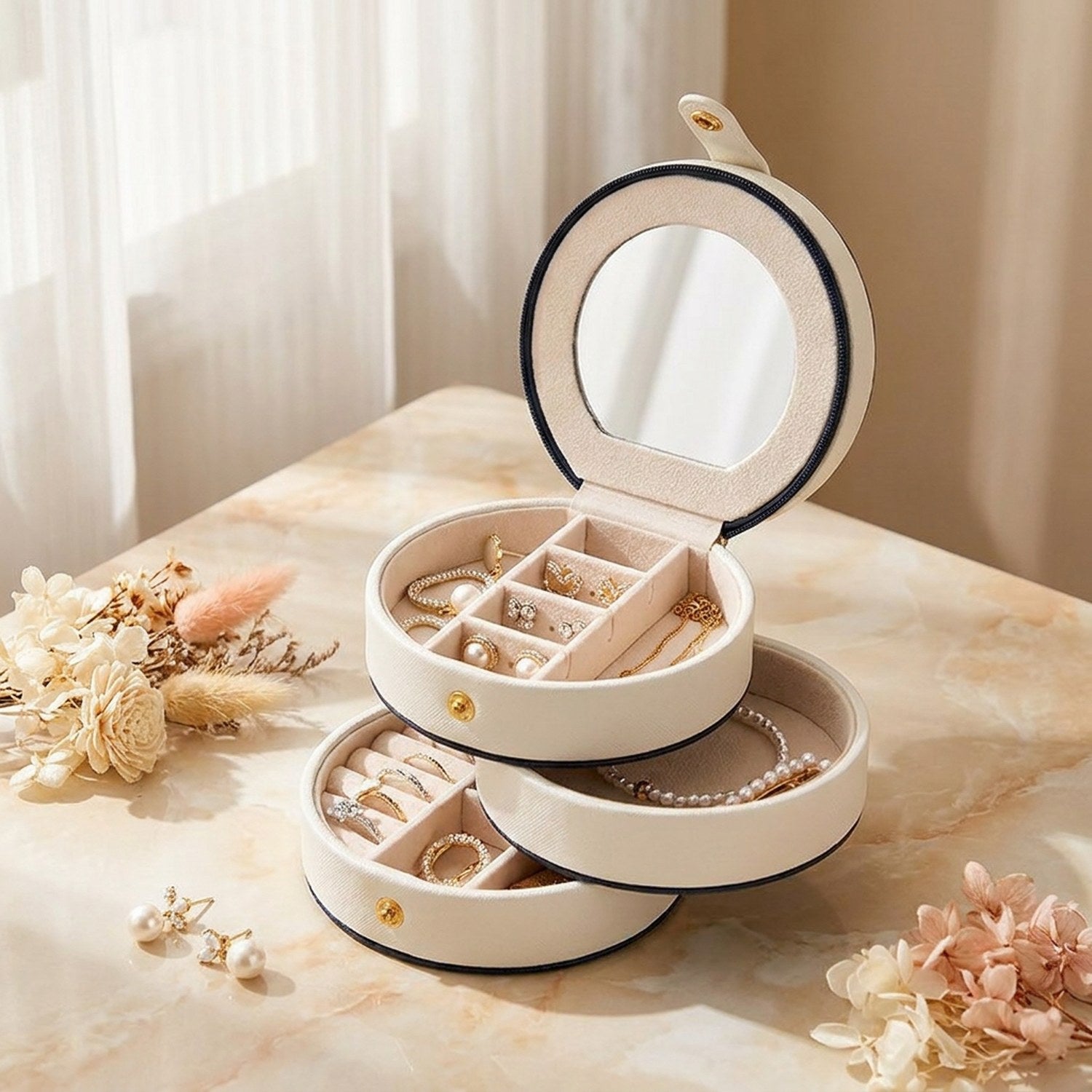 Boîte à bijoux ronde en cuir blanc ouverte avec miroir intégré sur une surface en marbre