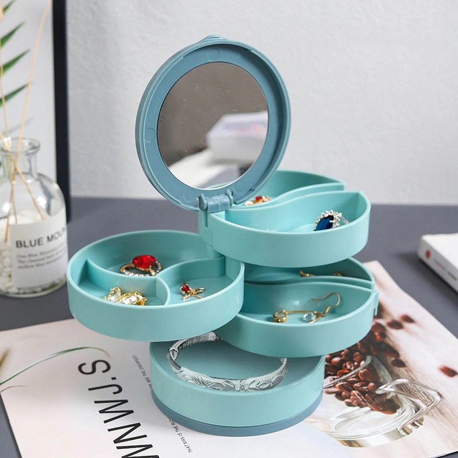 Boîte à bijoux rotative 4 niveaux avec miroir - photo produit 1