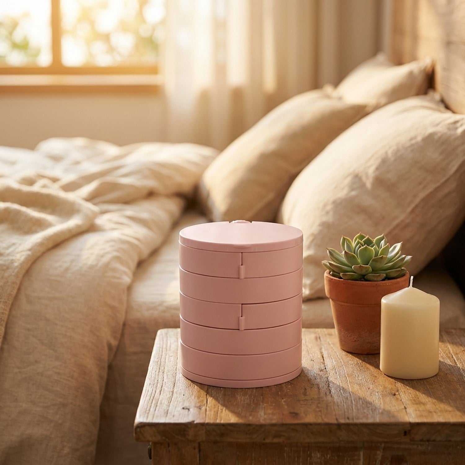 Boîte à bijoux rose fermée sur table de chevet en bois avec plante et bougie
