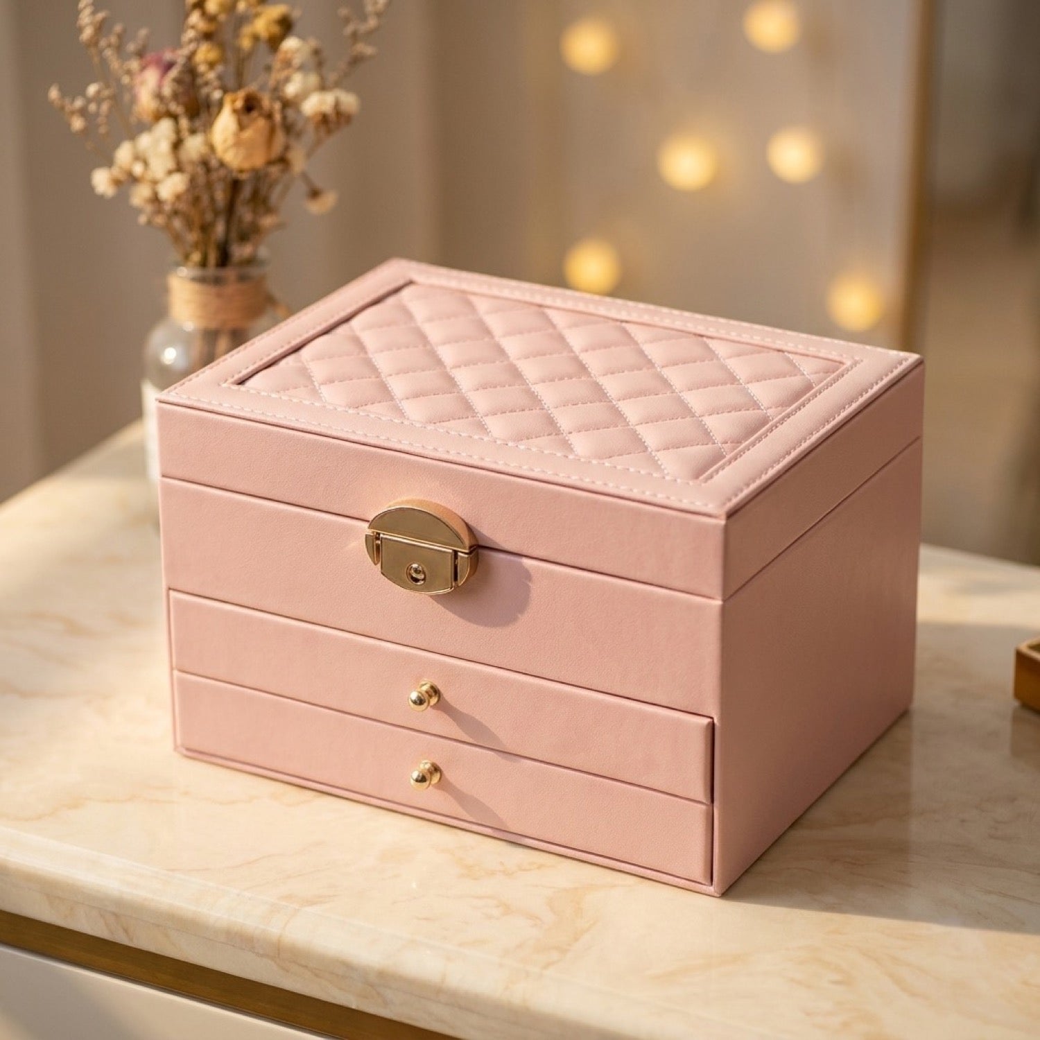 Boîte à bijoux multicouche en cuir rose avec motif matelassé et fermoir doré sur marbre