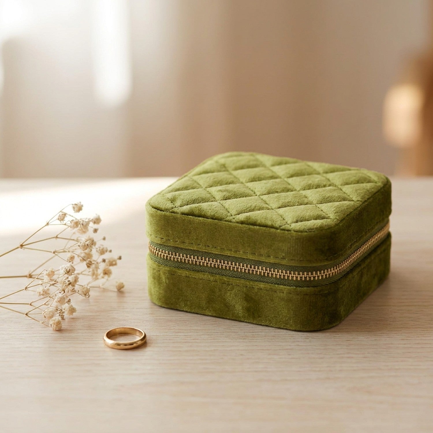 Boîte à bijoux de voyage en velours matelassé vert olive fermée