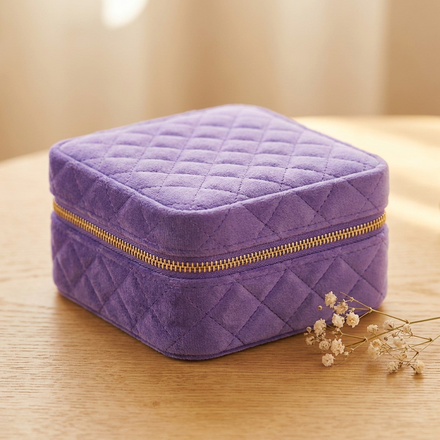 Boîte à bijoux de voyage en velours matelassé coloris violet
