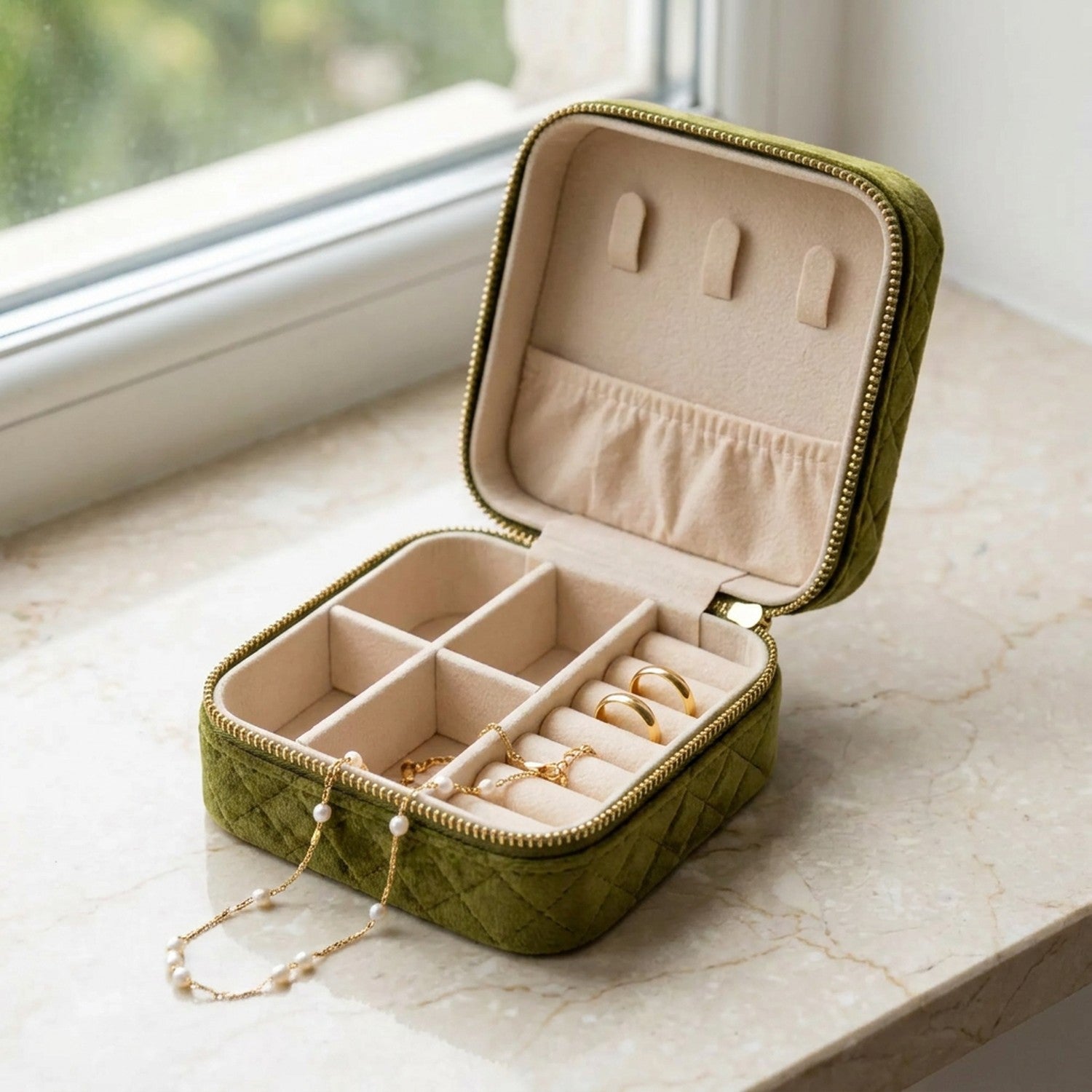 Boîte à bijoux velours matelassé ouverte avec bijoux sur surface marbre