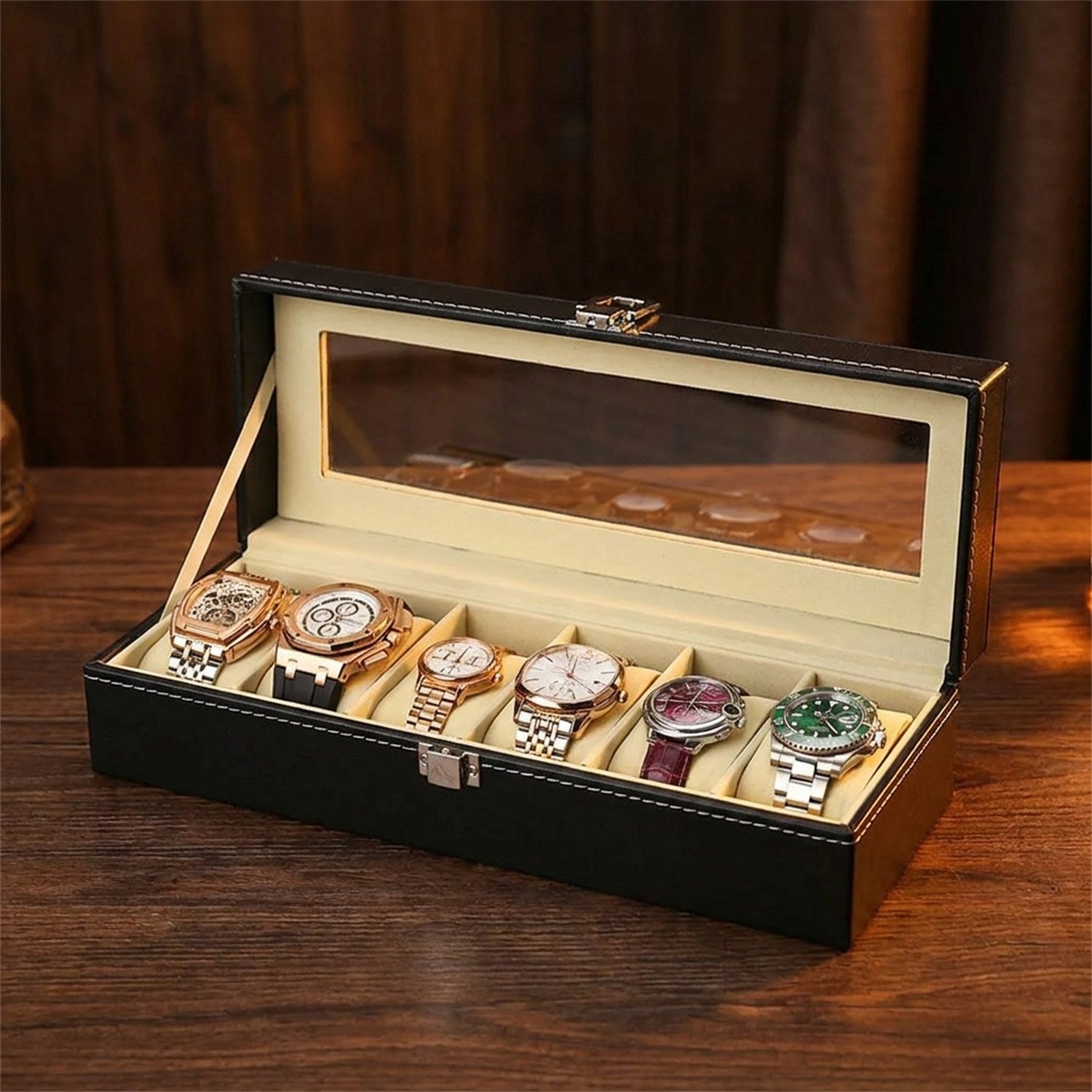 Boîte à montres 6 emplacements en cuir PU