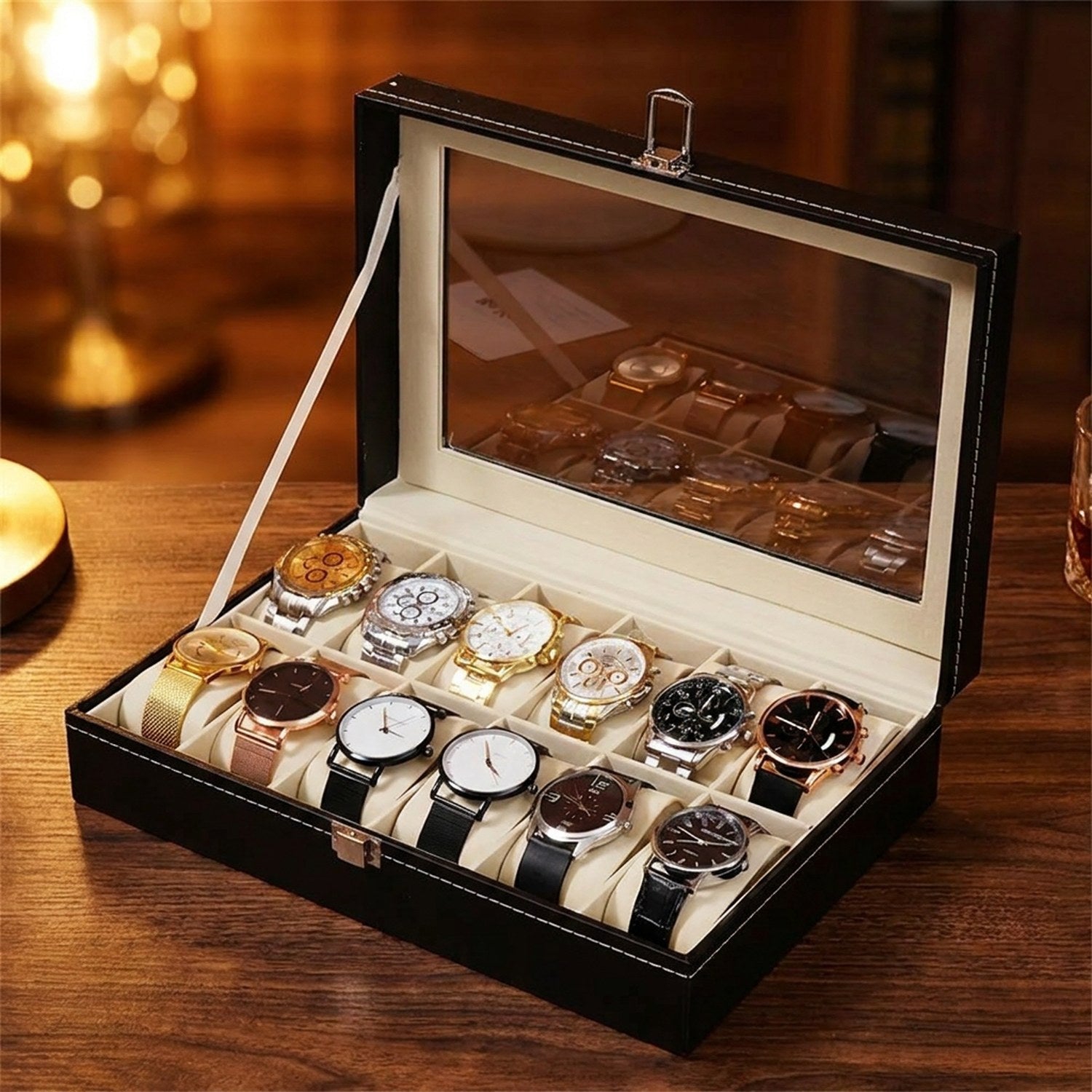 Boîte à montres en cuir PU avec couvercle en verre sur une commode
