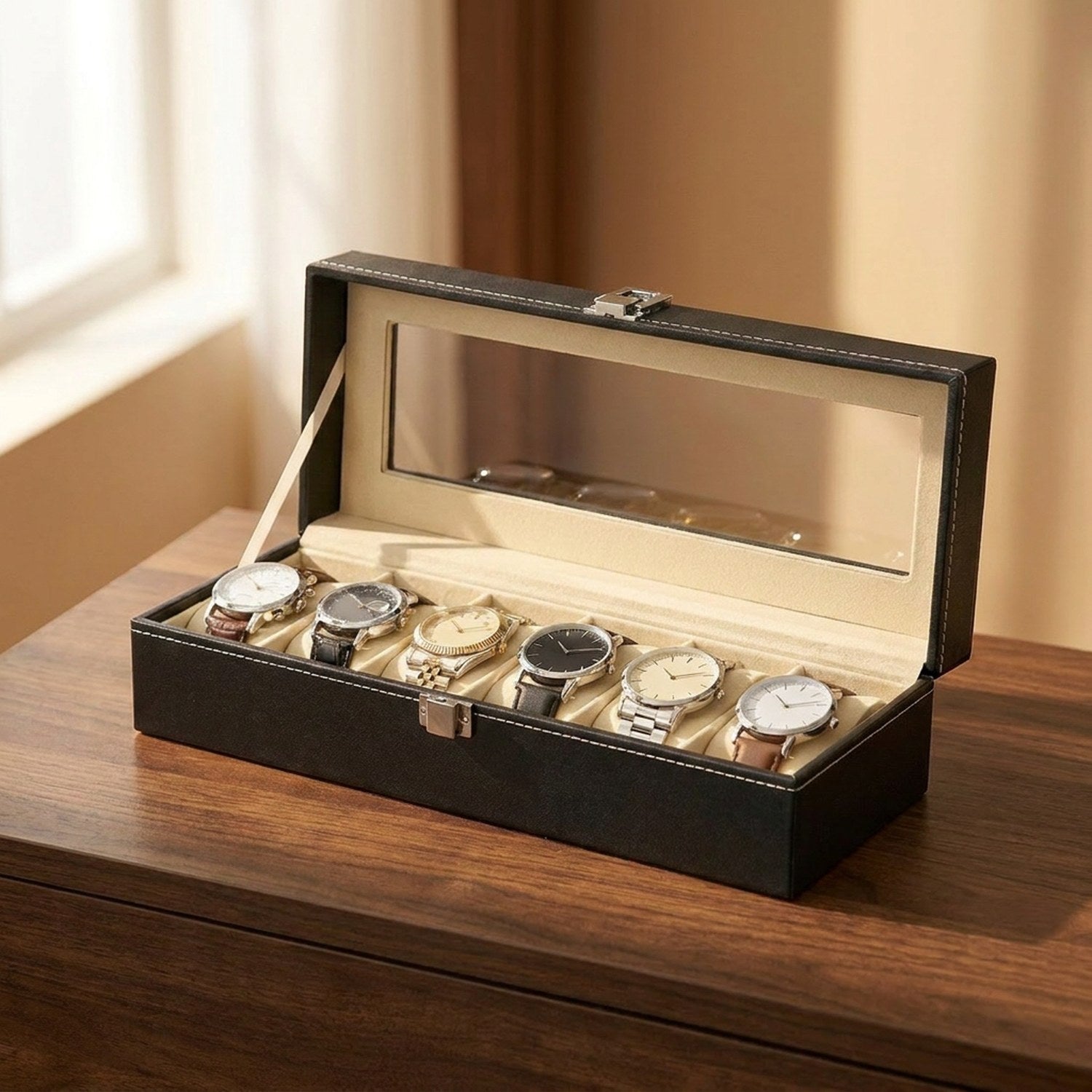 Boîte à montres en cuir noir à couvercle vitré avec six emplacements et montres sur une surface en noyer