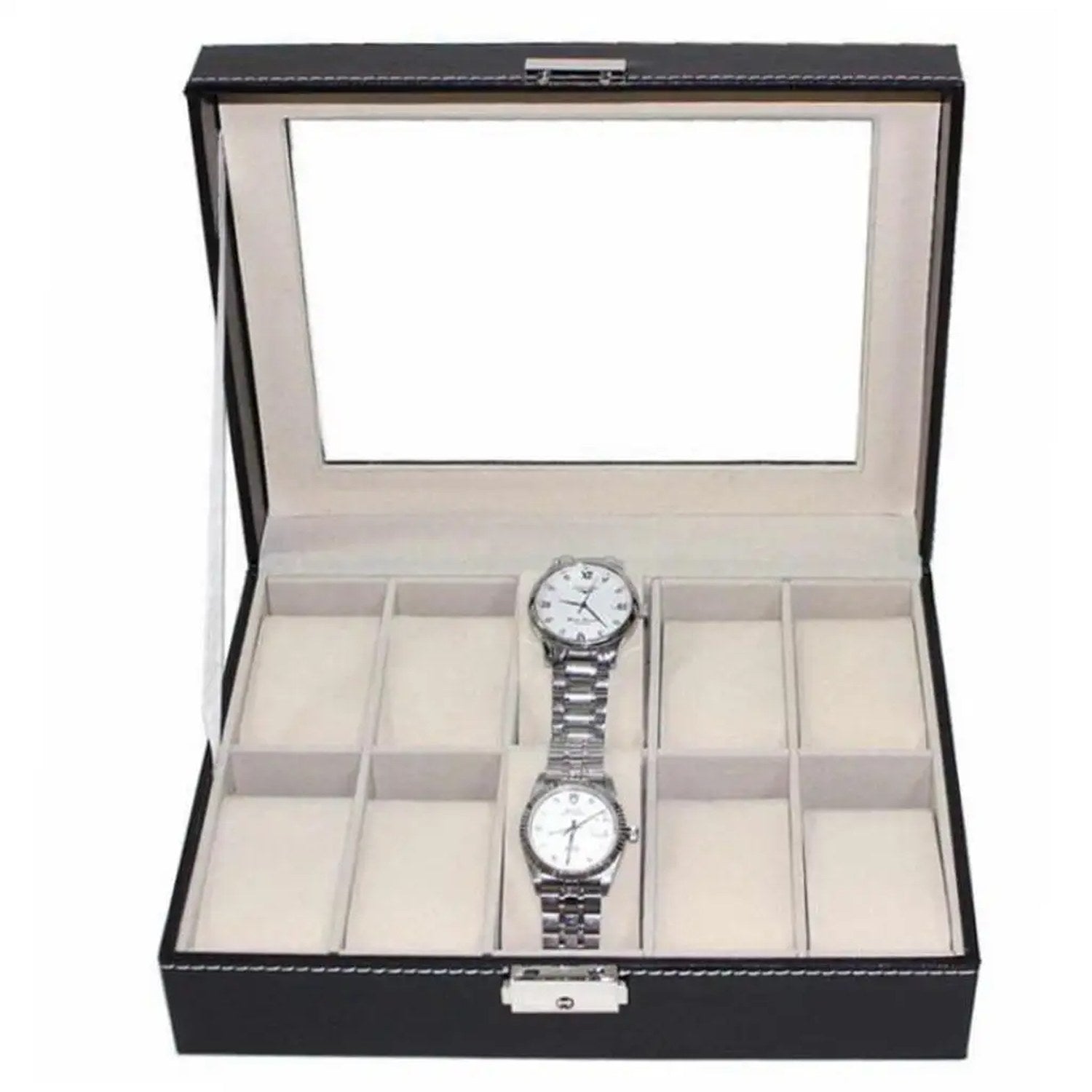 Boîte à montres ouverte avec deux montres posées sur les coussins en velours