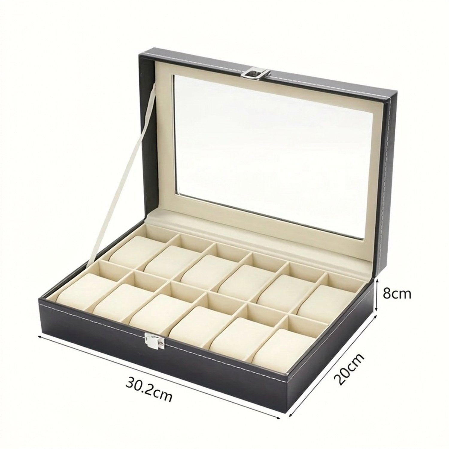 Dimensions boîte à montres 12 emplacements : 30,2 × 20 × 8 cm