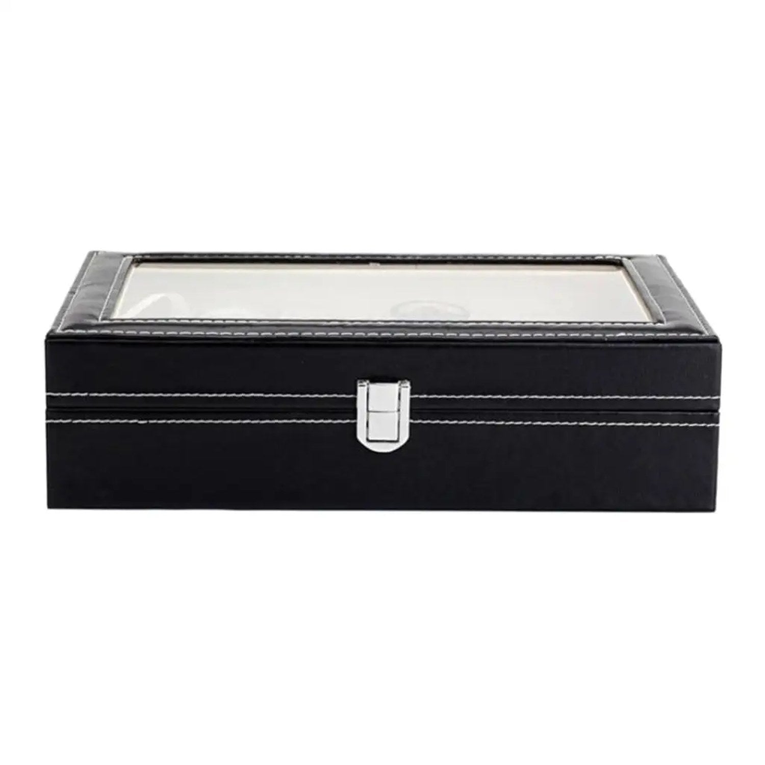 Boîte à bijoux et montres fermée vue de face avec dessus vitré