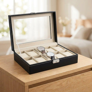 Boîte à montres ouverte révélant dix compartiments en velours beige