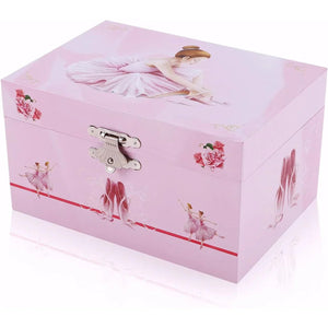 Boîte à bijoux musicale ballet fermée vue de 3/4 illustration ballerine et roses
