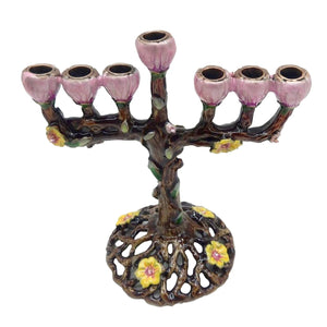 Chandelier arbre fleuri zinc émaillé vue légèrement haute base ronde ajourée jaune