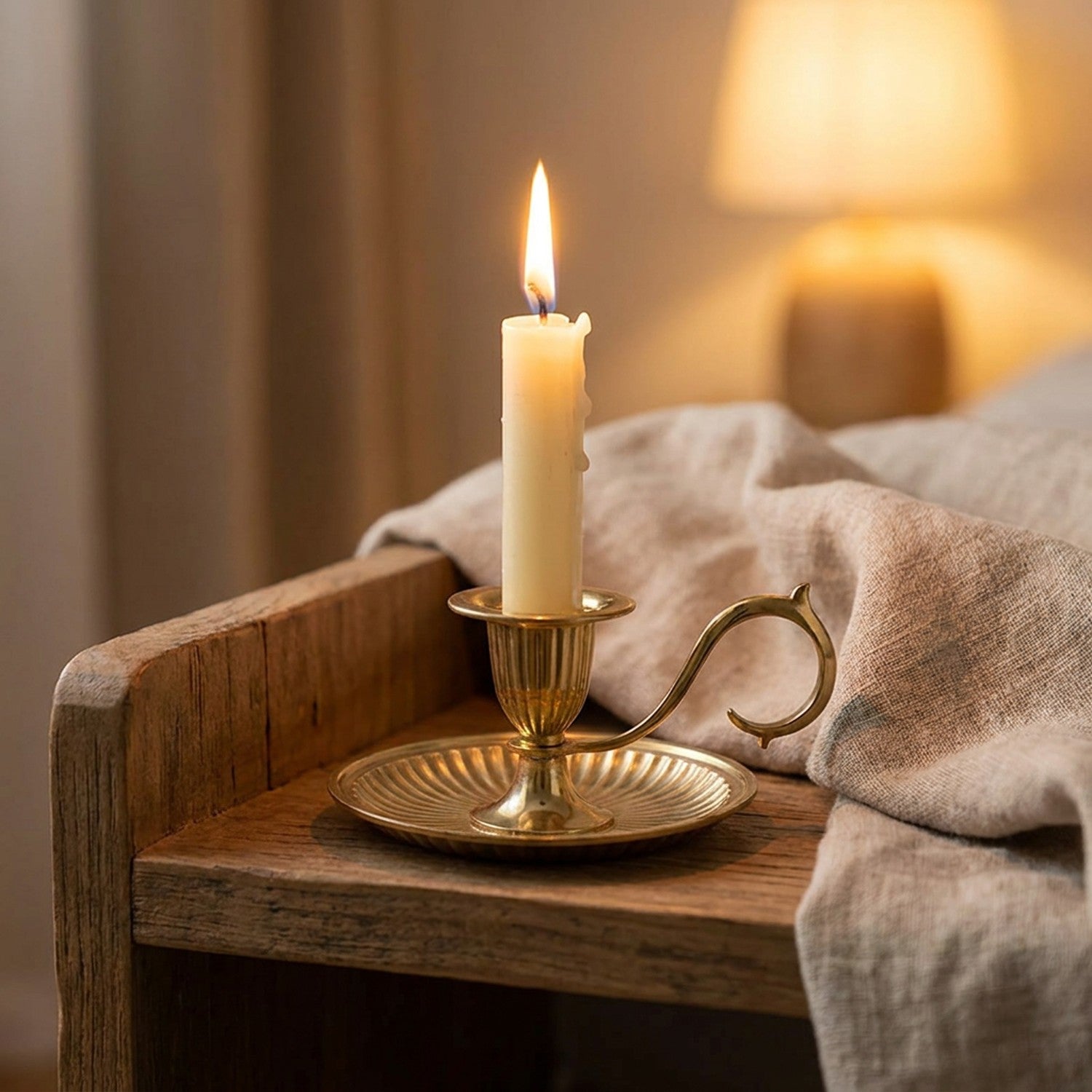 Bougeoir doré avec bougie sur une table de chevet en bois dans une chambre cosy