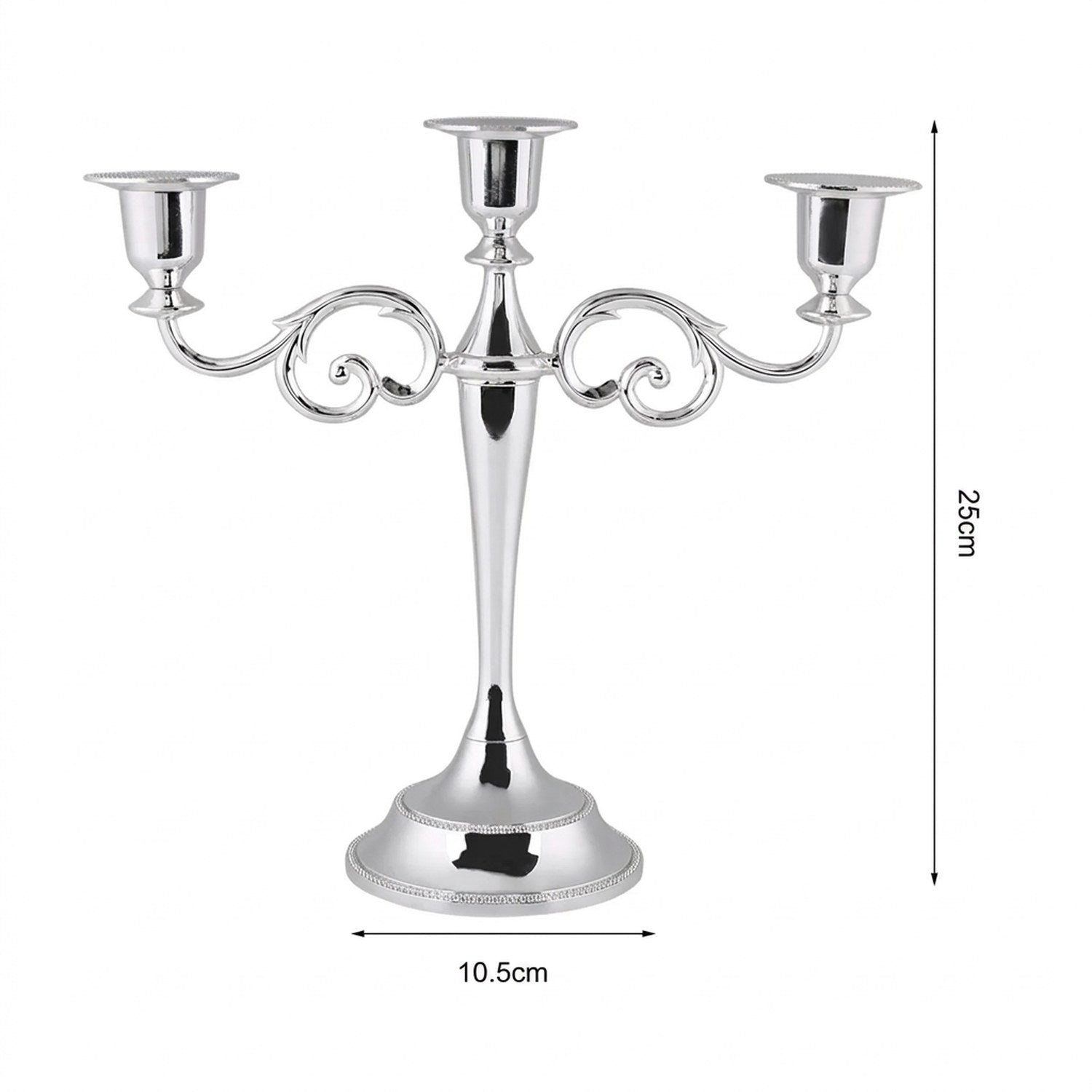 Dimensions du bougeoir argenté 3 bras : 25 cm de hauteur, 10,5 cm de diamètre