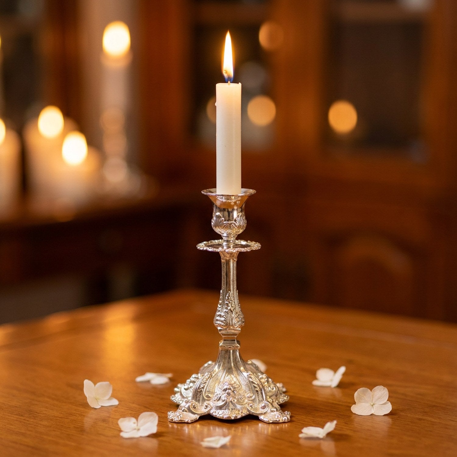 Bougeoir en métal argenté avec bougie allumée sur table romantique