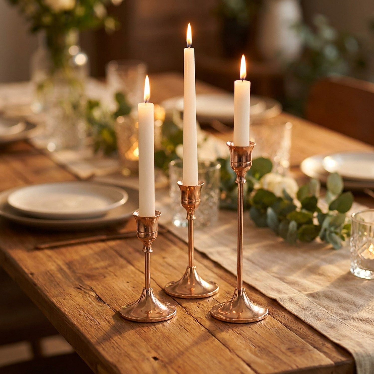 Kit de 3 bougeoirs en métal doré aux hauteurs progressives avec bougies coniques allumées sur une table décorée