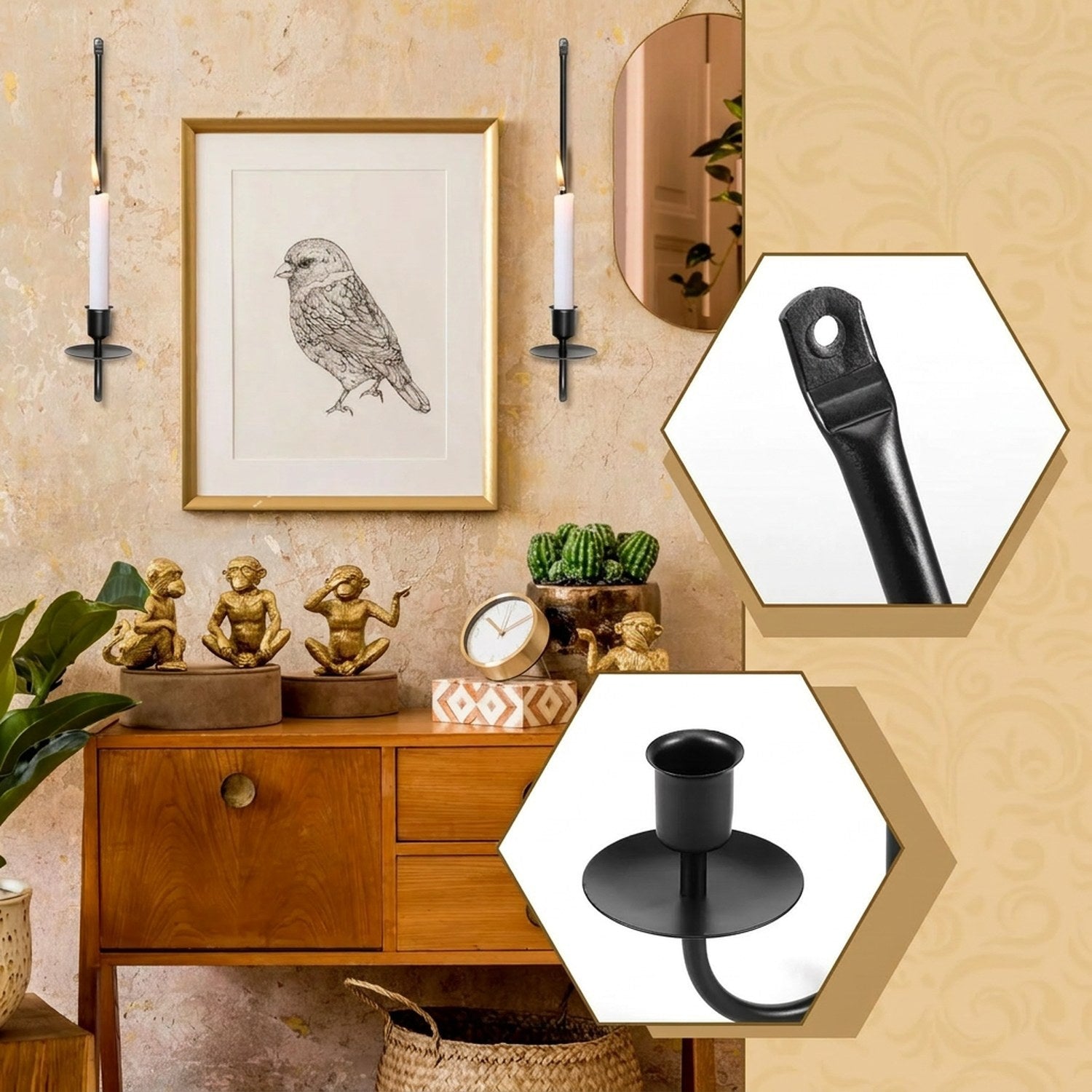Bougeoirs muraux en fer noir sur mur en pierre avec console bois style bohème