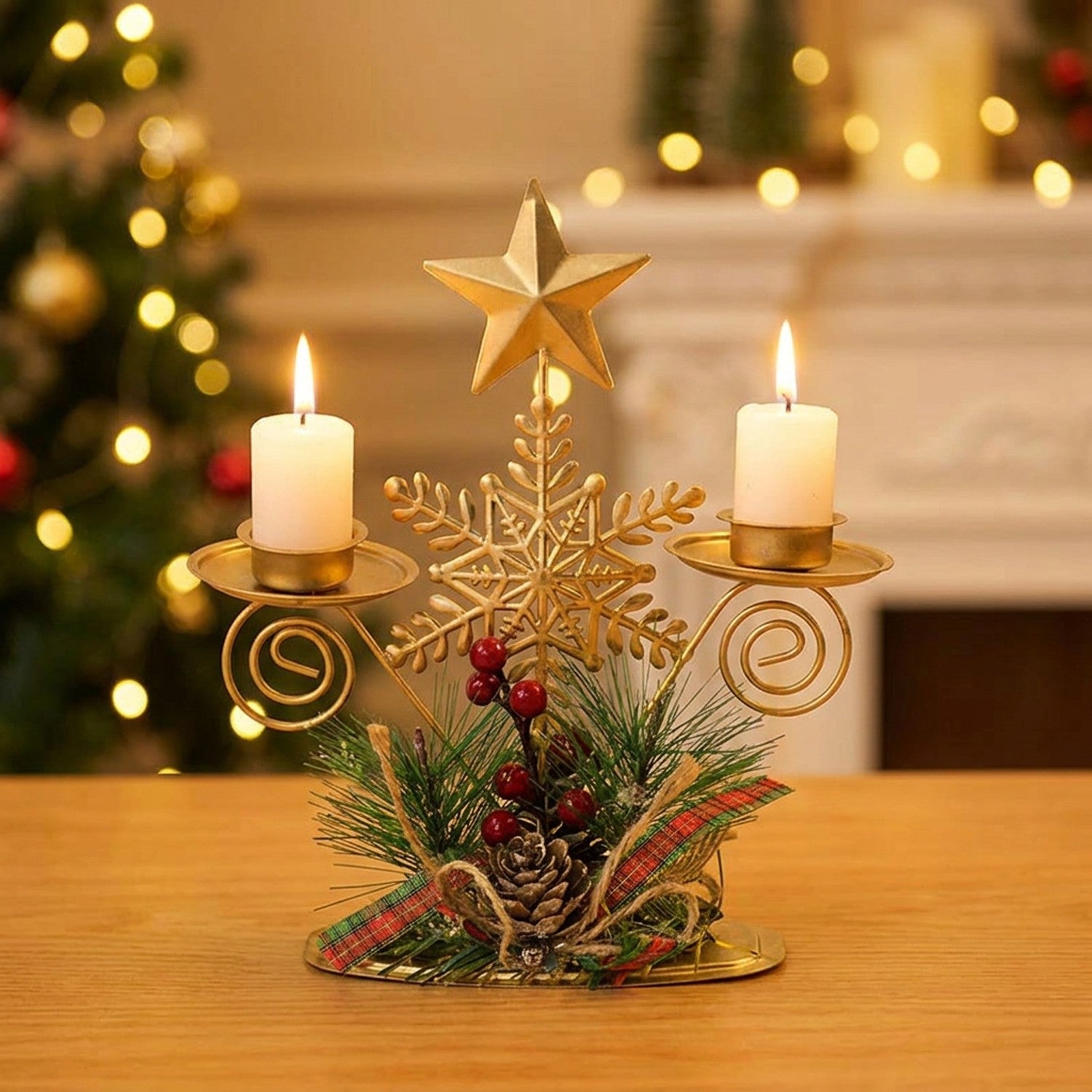 Bougeoir de Noël en métal doré modèle étoile et flocon