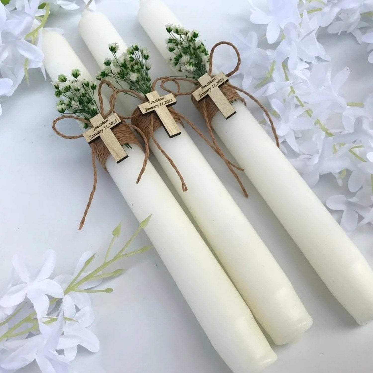 Lot de 3 bougies baptême emballées souvenir cadeau