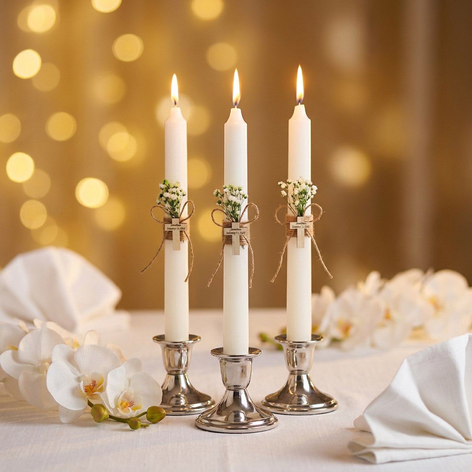 Bougies de baptême sur table de cérémonie avec orchidées et linge blanc