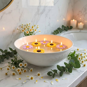 Bougie flottante forme fleur cire soja bol céramique zen salle de bain