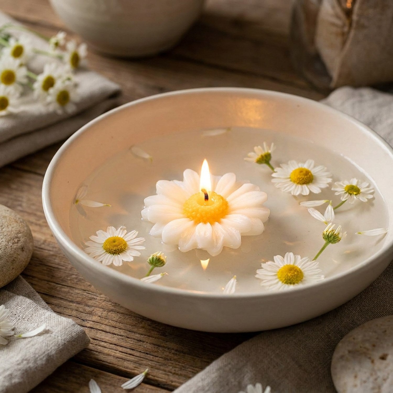 Bougie flottante camomille allumée bol eau forme fleur cire soja