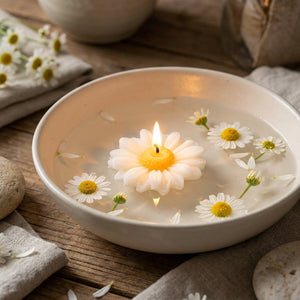 Bougie flottante camomille allumée bol eau forme fleur cire soja