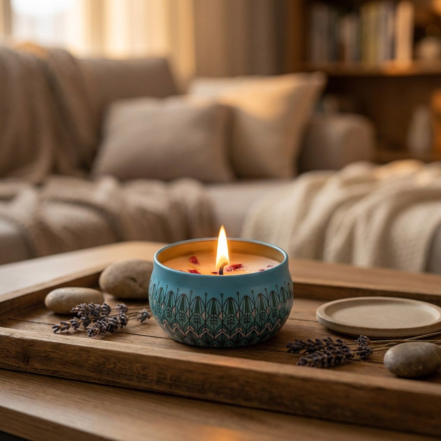 Bougie mandala allumée sur table bois ambiance chaleureuse florale